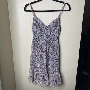 Hollister Tank Dress Sleeveless Spaghetti Strap Ruffle V-Neck Blue Floral Sz XS